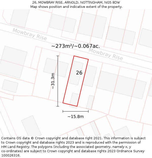 26, MOWBRAY RISE, ARNOLD, NOTTINGHAM, NG5 8DW: Plot and title map