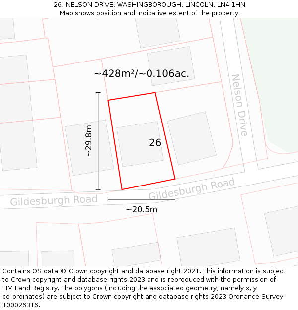 26, NELSON DRIVE, WASHINGBOROUGH, LINCOLN, LN4 1HN: Plot and title map