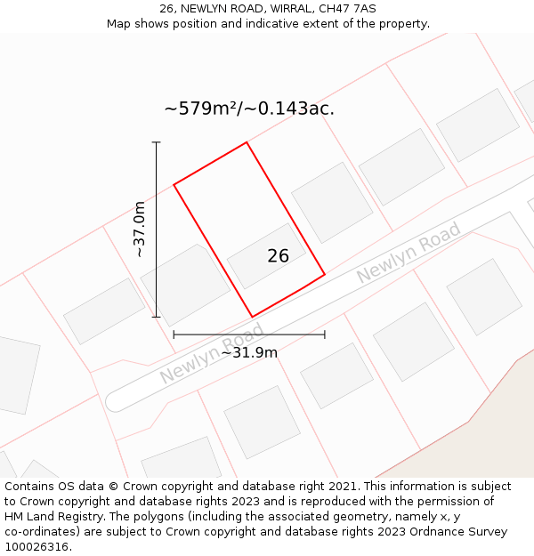 26, NEWLYN ROAD, WIRRAL, CH47 7AS: Plot and title map