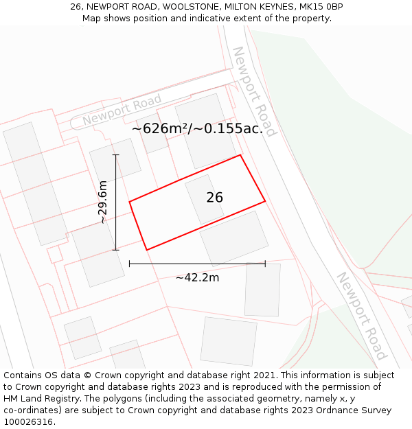 26, NEWPORT ROAD, WOOLSTONE, MILTON KEYNES, MK15 0BP: Plot and title map