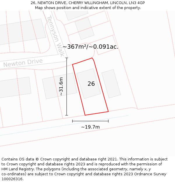 26, NEWTON DRIVE, CHERRY WILLINGHAM, LINCOLN, LN3 4GP: Plot and title map