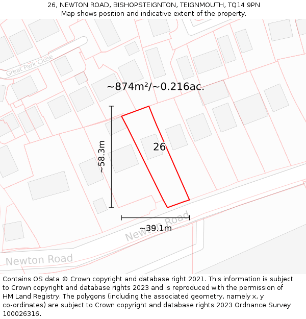 26, NEWTON ROAD, BISHOPSTEIGNTON, TEIGNMOUTH, TQ14 9PN: Plot and title map