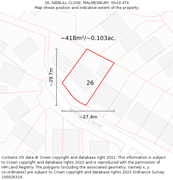 26, NIEBULL CLOSE, MALMESBURY, SN16 9TX: Plot and title map