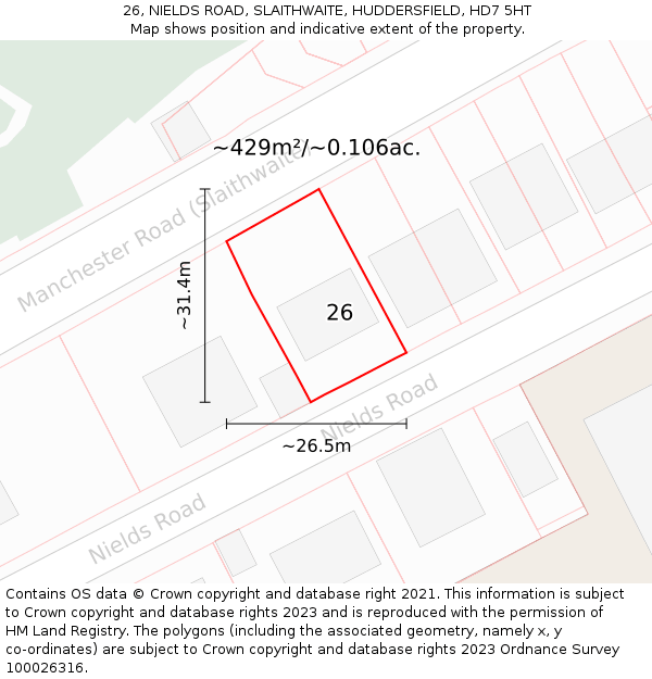 26, NIELDS ROAD, SLAITHWAITE, HUDDERSFIELD, HD7 5HT: Plot and title map