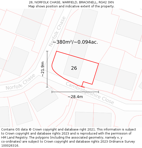 26, NORFOLK CHASE, WARFIELD, BRACKNELL, RG42 3XN: Plot and title map