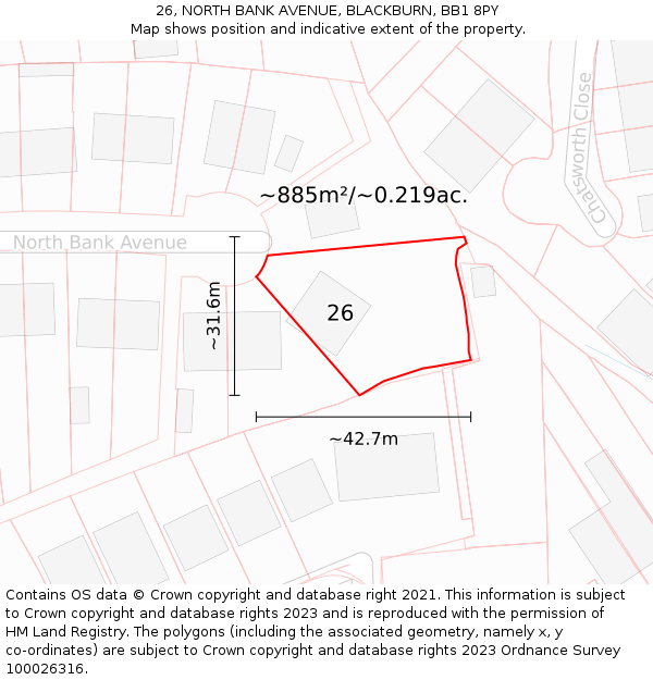 26, NORTH BANK AVENUE, BLACKBURN, BB1 8PY: Plot and title map