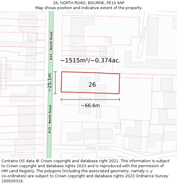 26, NORTH ROAD, BOURNE, PE10 9AP: Plot and title map