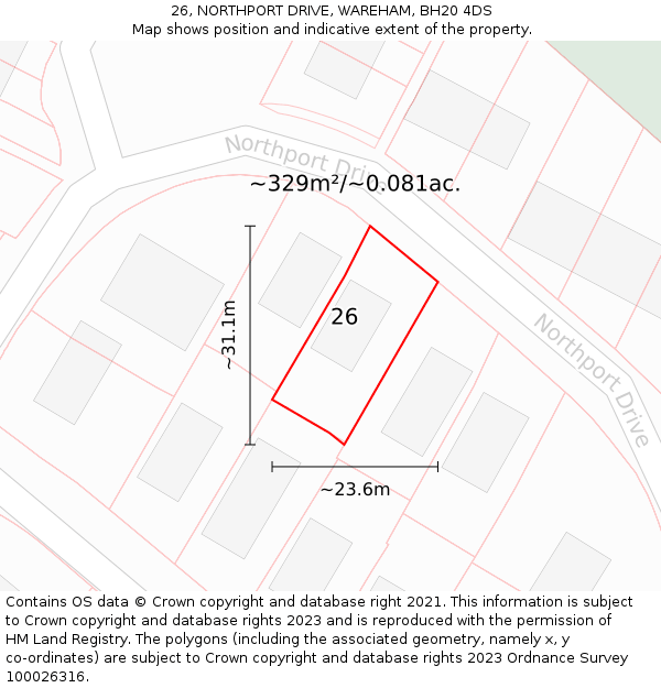 26, NORTHPORT DRIVE, WAREHAM, BH20 4DS: Plot and title map