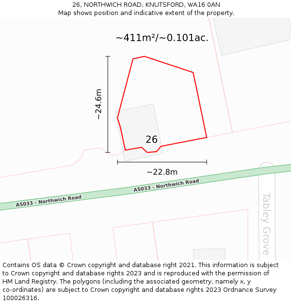 26, NORTHWICH ROAD, KNUTSFORD, WA16 0AN: Plot and title map