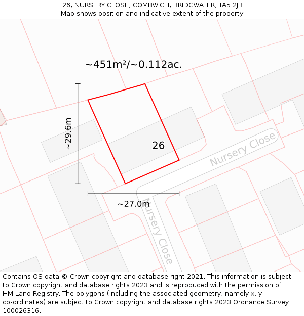26, NURSERY CLOSE, COMBWICH, BRIDGWATER, TA5 2JB: Plot and title map