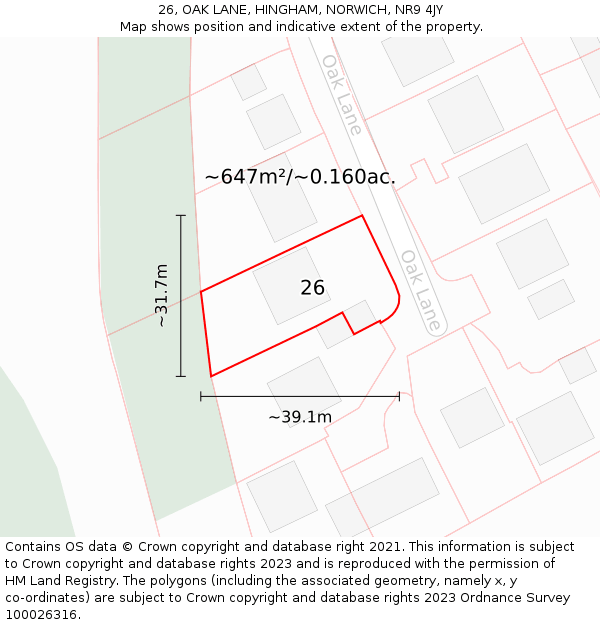 26, OAK LANE, HINGHAM, NORWICH, NR9 4JY: Plot and title map