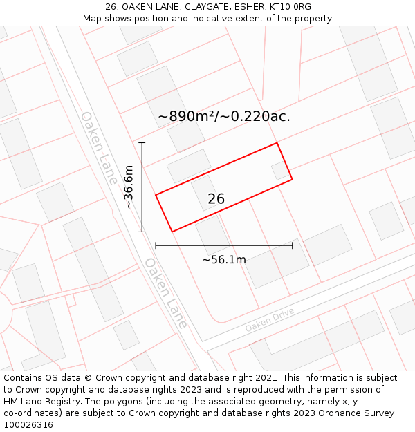 26, OAKEN LANE, CLAYGATE, ESHER, KT10 0RG: Plot and title map