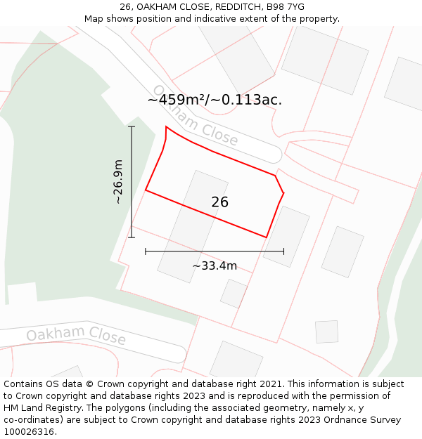 26, OAKHAM CLOSE, REDDITCH, B98 7YG: Plot and title map