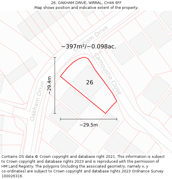 26, OAKHAM DRIVE, WIRRAL, CH46 6FF: Plot and title map