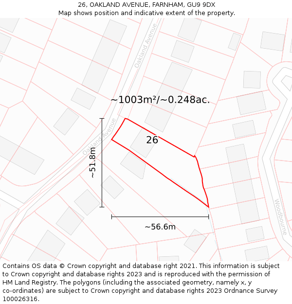 26, OAKLAND AVENUE, FARNHAM, GU9 9DX: Plot and title map