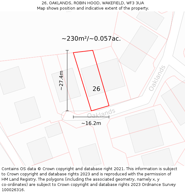 26, OAKLANDS, ROBIN HOOD, WAKEFIELD, WF3 3UA: Plot and title map