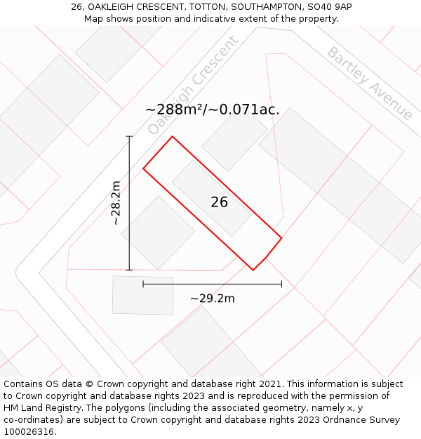 26, OAKLEIGH CRESCENT, TOTTON, SOUTHAMPTON, SO40 9AP: Plot and title map