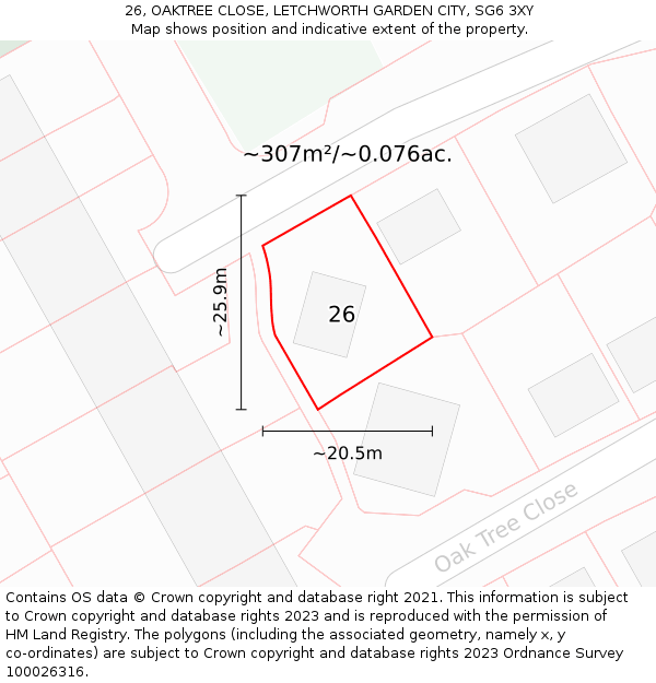 26, OAKTREE CLOSE, LETCHWORTH GARDEN CITY, SG6 3XY: Plot and title map