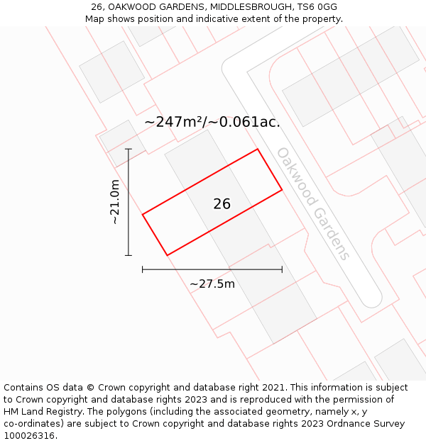 26, OAKWOOD GARDENS, MIDDLESBROUGH, TS6 0GG: Plot and title map