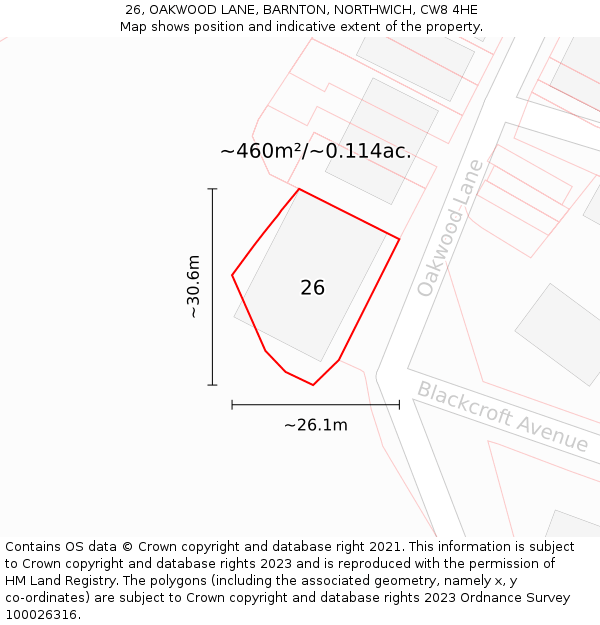 26, OAKWOOD LANE, BARNTON, NORTHWICH, CW8 4HE: Plot and title map