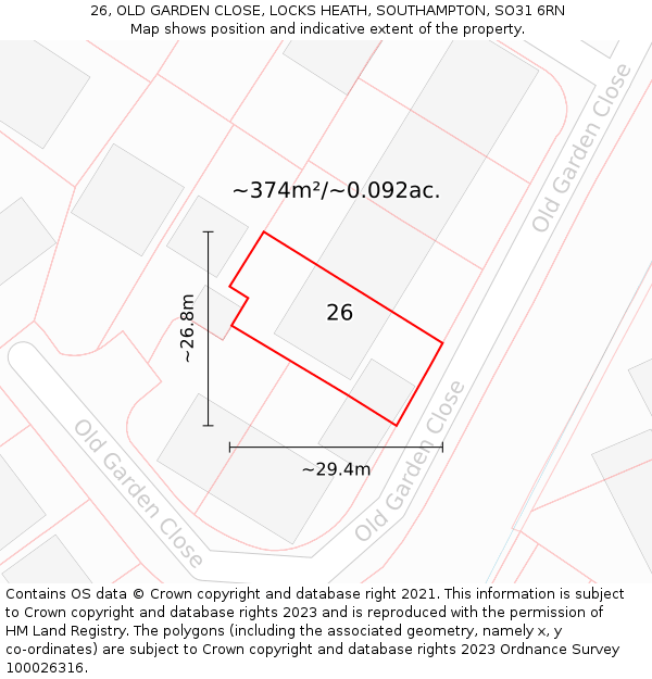 26, OLD GARDEN CLOSE, LOCKS HEATH, SOUTHAMPTON, SO31 6RN: Plot and title map