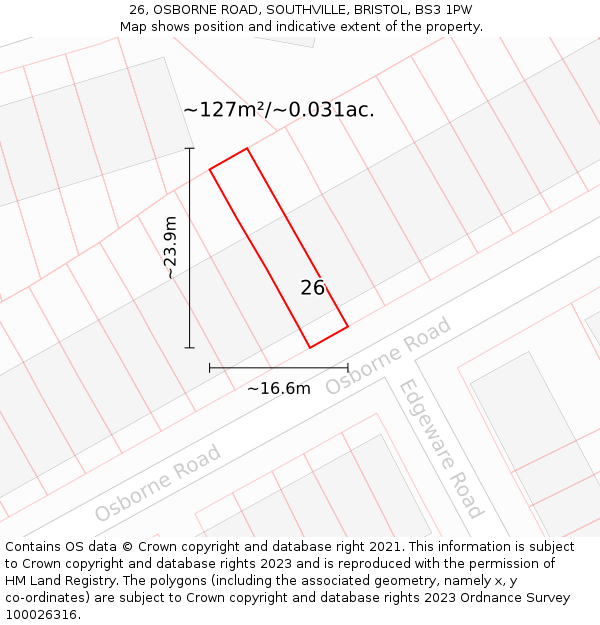 26, OSBORNE ROAD, SOUTHVILLE, BRISTOL, BS3 1PW: Plot and title map