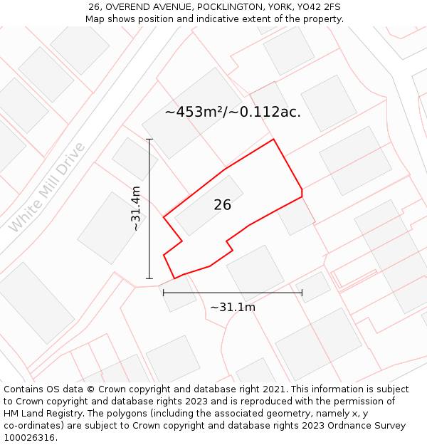 26, OVEREND AVENUE, POCKLINGTON, YORK, YO42 2FS: Plot and title map