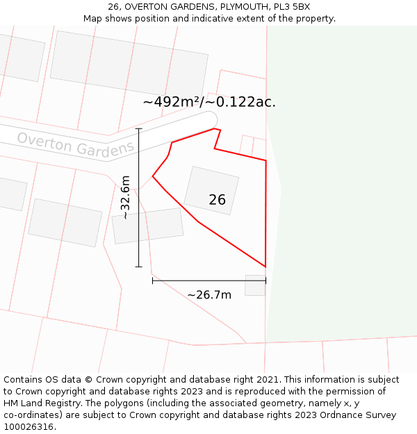 26, OVERTON GARDENS, PLYMOUTH, PL3 5BX: Plot and title map