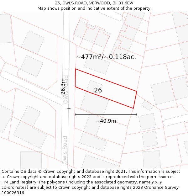 26, OWLS ROAD, VERWOOD, BH31 6EW: Plot and title map