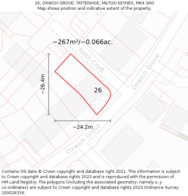 26, OXWICH GROVE, TATTENHOE, MILTON KEYNES, MK4 3AG: Plot and title map