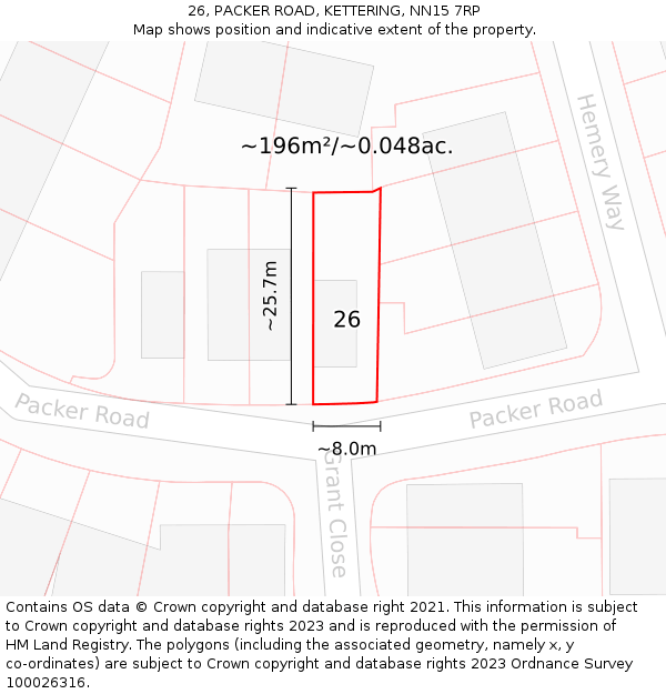 26, PACKER ROAD, KETTERING, NN15 7RP: Plot and title map