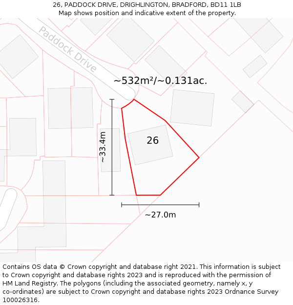 26, PADDOCK DRIVE, DRIGHLINGTON, BRADFORD, BD11 1LB: Plot and title map