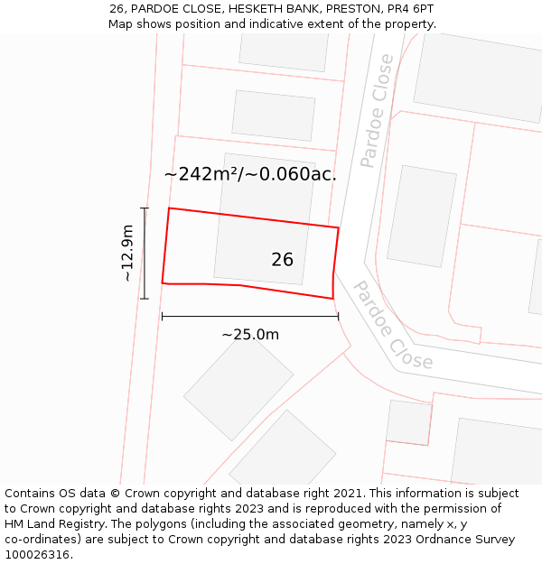 26, PARDOE CLOSE, HESKETH BANK, PRESTON, PR4 6PT: Plot and title map