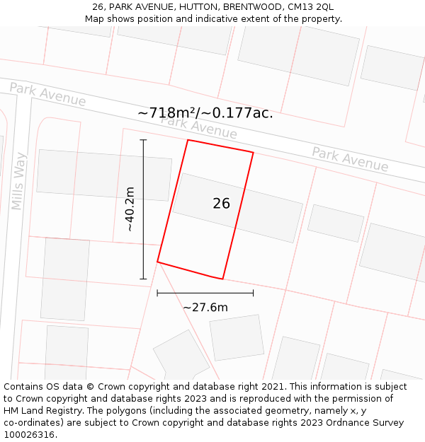 26, PARK AVENUE, HUTTON, BRENTWOOD, CM13 2QL: Plot and title map