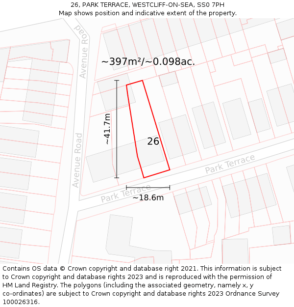 26, PARK TERRACE, WESTCLIFF-ON-SEA, SS0 7PH: Plot and title map