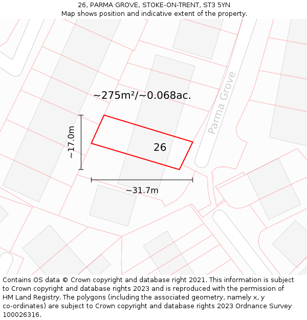 26, PARMA GROVE, STOKE-ON-TRENT, ST3 5YN: Plot and title map