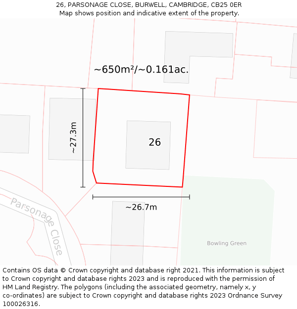 26, PARSONAGE CLOSE, BURWELL, CAMBRIDGE, CB25 0ER: Plot and title map