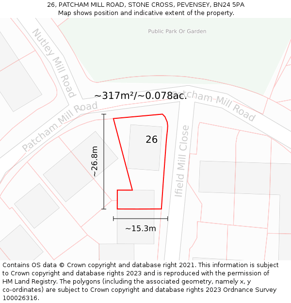 26, PATCHAM MILL ROAD, STONE CROSS, PEVENSEY, BN24 5PA: Plot and title map