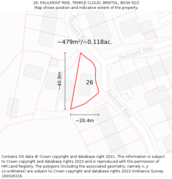 26, PAULMONT RISE, TEMPLE CLOUD, BRISTOL, BS39 5DZ: Plot and title map