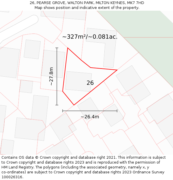 26, PEARSE GROVE, WALTON PARK, MILTON KEYNES, MK7 7HD: Plot and title map