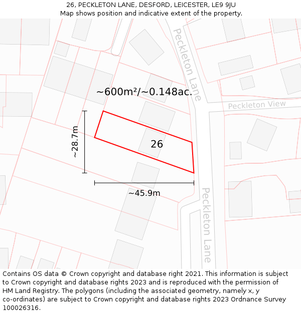 26, PECKLETON LANE, DESFORD, LEICESTER, LE9 9JU: Plot and title map