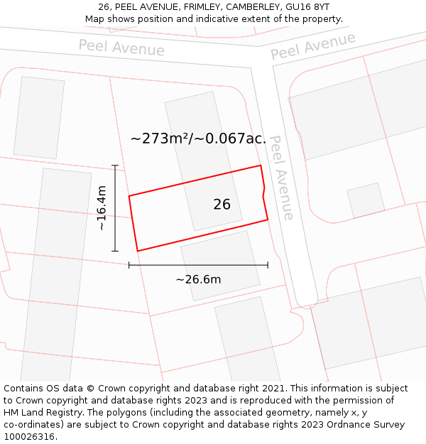 26, PEEL AVENUE, FRIMLEY, CAMBERLEY, GU16 8YT: Plot and title map