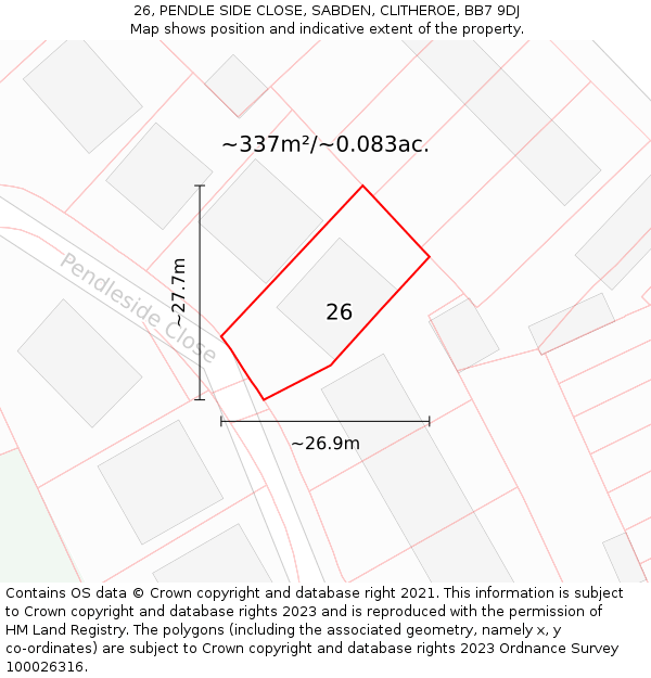 26, PENDLE SIDE CLOSE, SABDEN, CLITHEROE, BB7 9DJ: Plot and title map