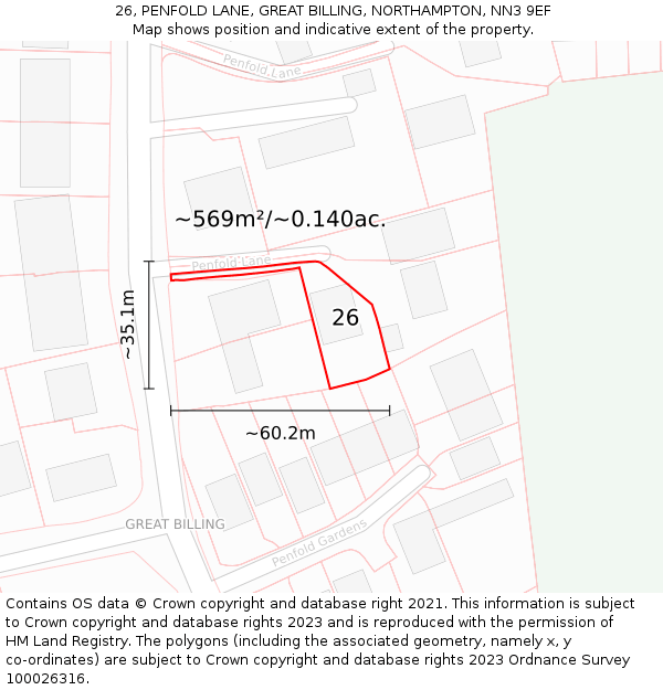 26, PENFOLD LANE, GREAT BILLING, NORTHAMPTON, NN3 9EF: Plot and title map