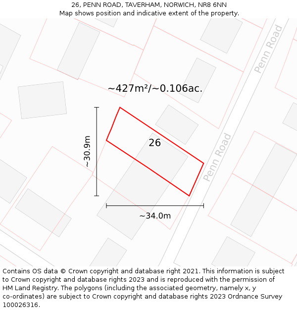 26, PENN ROAD, TAVERHAM, NORWICH, NR8 6NN: Plot and title map