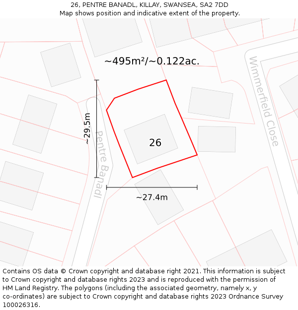 26, PENTRE BANADL, KILLAY, SWANSEA, SA2 7DD: Plot and title map