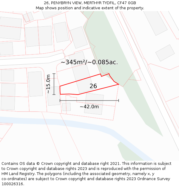 26, PENYBRYN VIEW, MERTHYR TYDFIL, CF47 0GB: Plot and title map