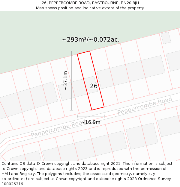 26, PEPPERCOMBE ROAD, EASTBOURNE, BN20 8JH: Plot and title map