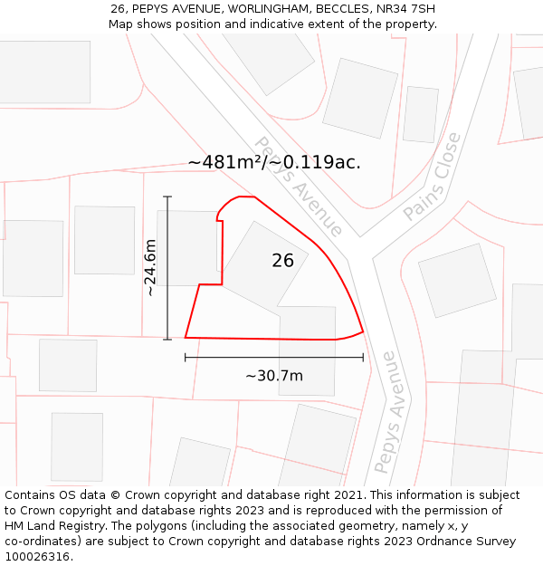 26, PEPYS AVENUE, WORLINGHAM, BECCLES, NR34 7SH: Plot and title map