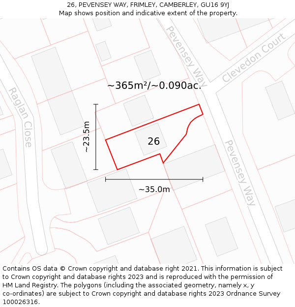 26, PEVENSEY WAY, FRIMLEY, CAMBERLEY, GU16 9YJ: Plot and title map